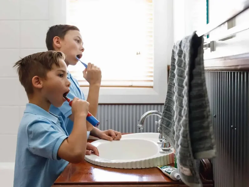 Dois meninos a lavarem os dentes